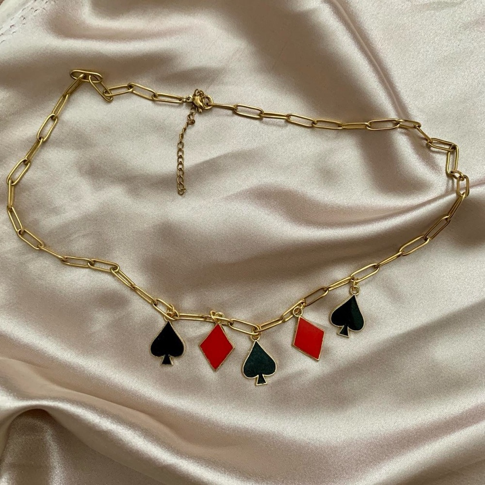 Gold Chain Necklace with Red and Black Charms